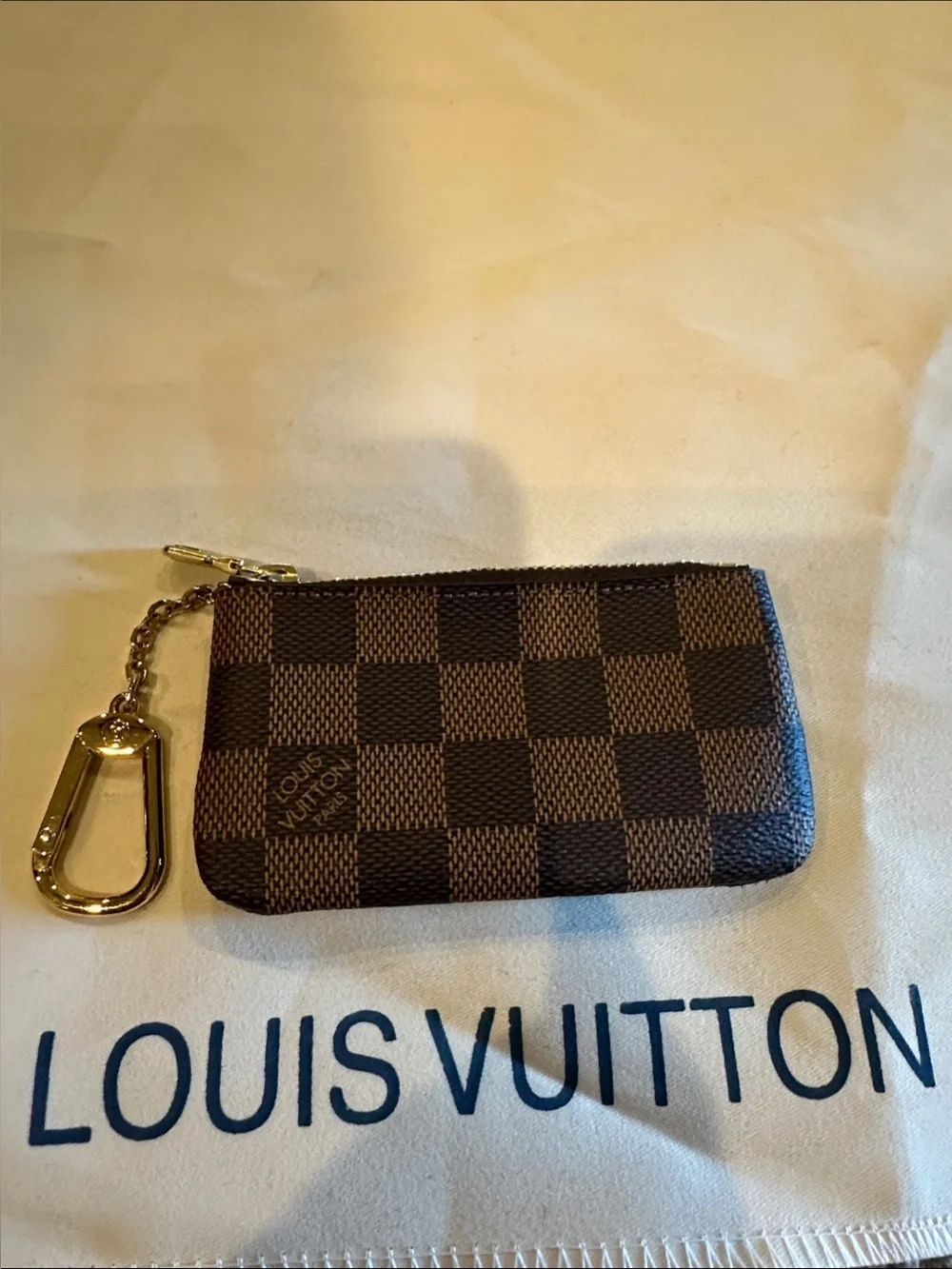 Louis Vuitton Brown Damier Ebene Key Coin Pouch with Gold Hardware Authentic